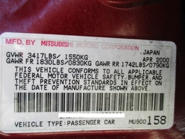 2000 MITSUBISHI MIRAGE DE BURGUNDY 1.8L AT 163759